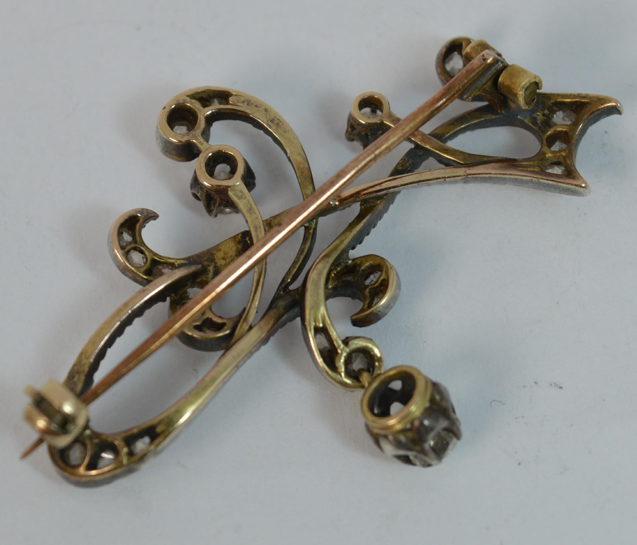 Edwardian Art Nouveau 15 Carat Gold and Old Cut Diamond Brooch 2