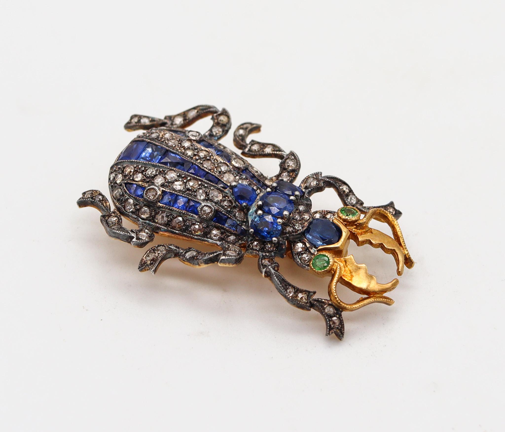 An Edwardian scarab pendant-brooch made in Austria.

Very handsome and well realized convertible pendant-brooch, created in the Austrian Hungarian Empire, back in the 1900. It was designed in the shape of a scarab in three dimensions, carefully