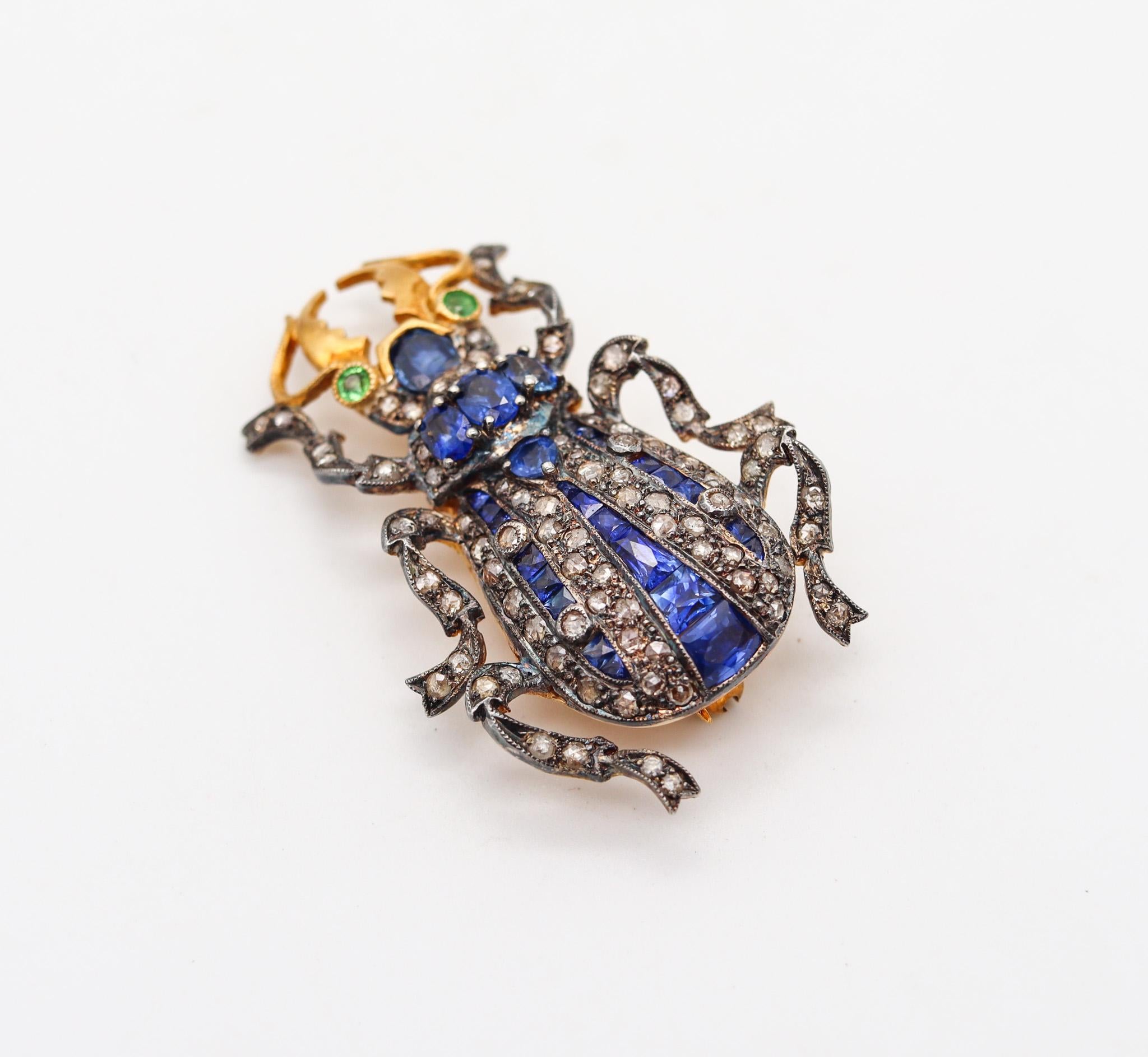 French Cut Edwardian-Art Nouveau 1900 Scarab Brooch Silver And 7.29 Ctw Sapphires & Diamond