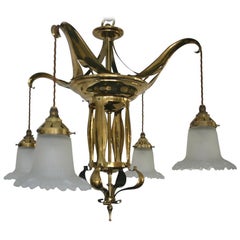 Edwardian Art Nouveau Brass Four Branch Ceiling Light