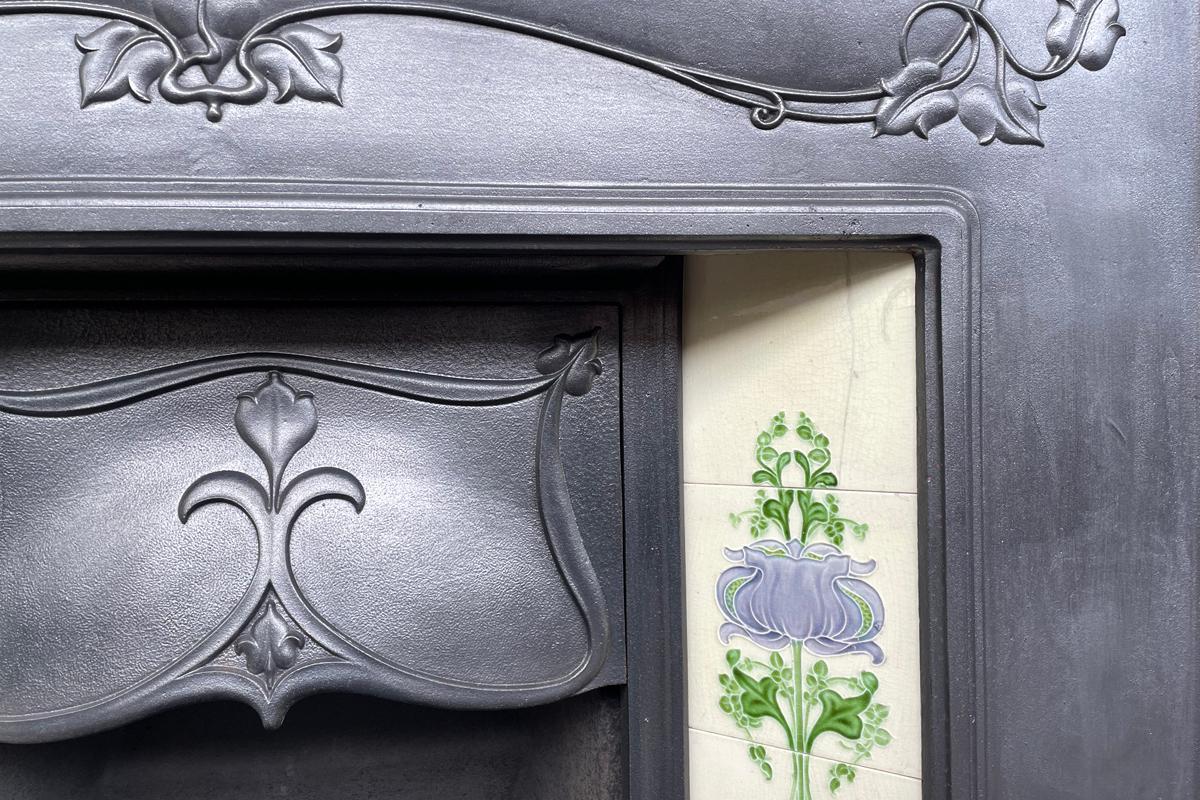 Ceramic Edwardian Art Nouveau Cast Iron Combination Fireplace