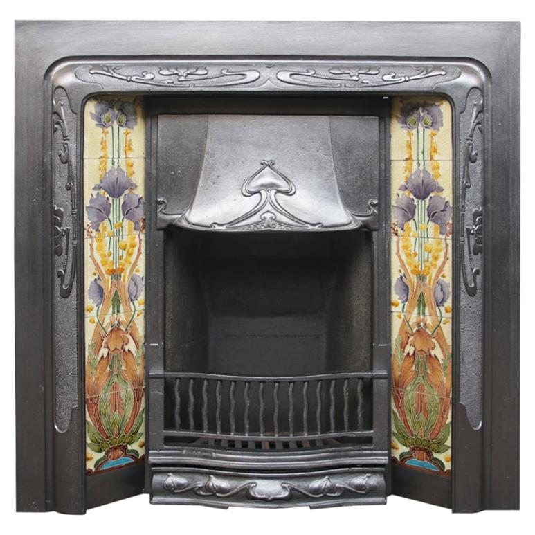 Edwardian Art Nouveau Cast Iron Fireplace Insert with Tiles
