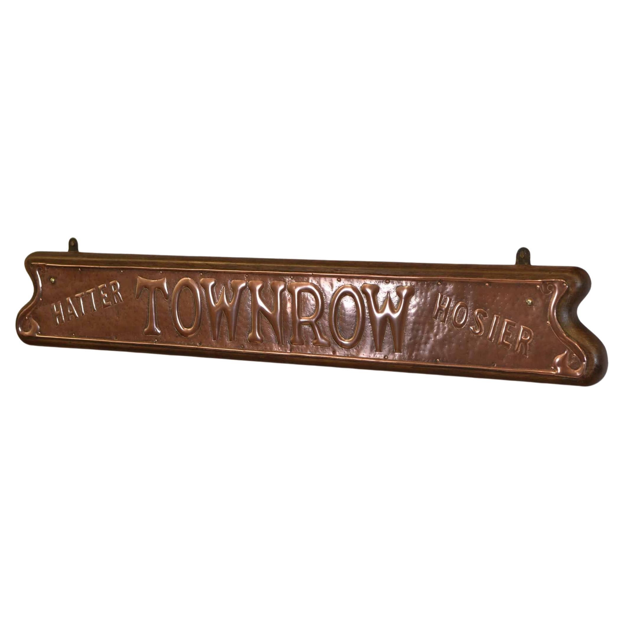 Edwardian Art Nouveau Copper & Oak Shop Sign "Townrow" Hatter Hosier