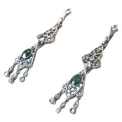 Edwardian Art Nouveau Gold Silver Diamond Peridot Long Drop Earrings, C 1900