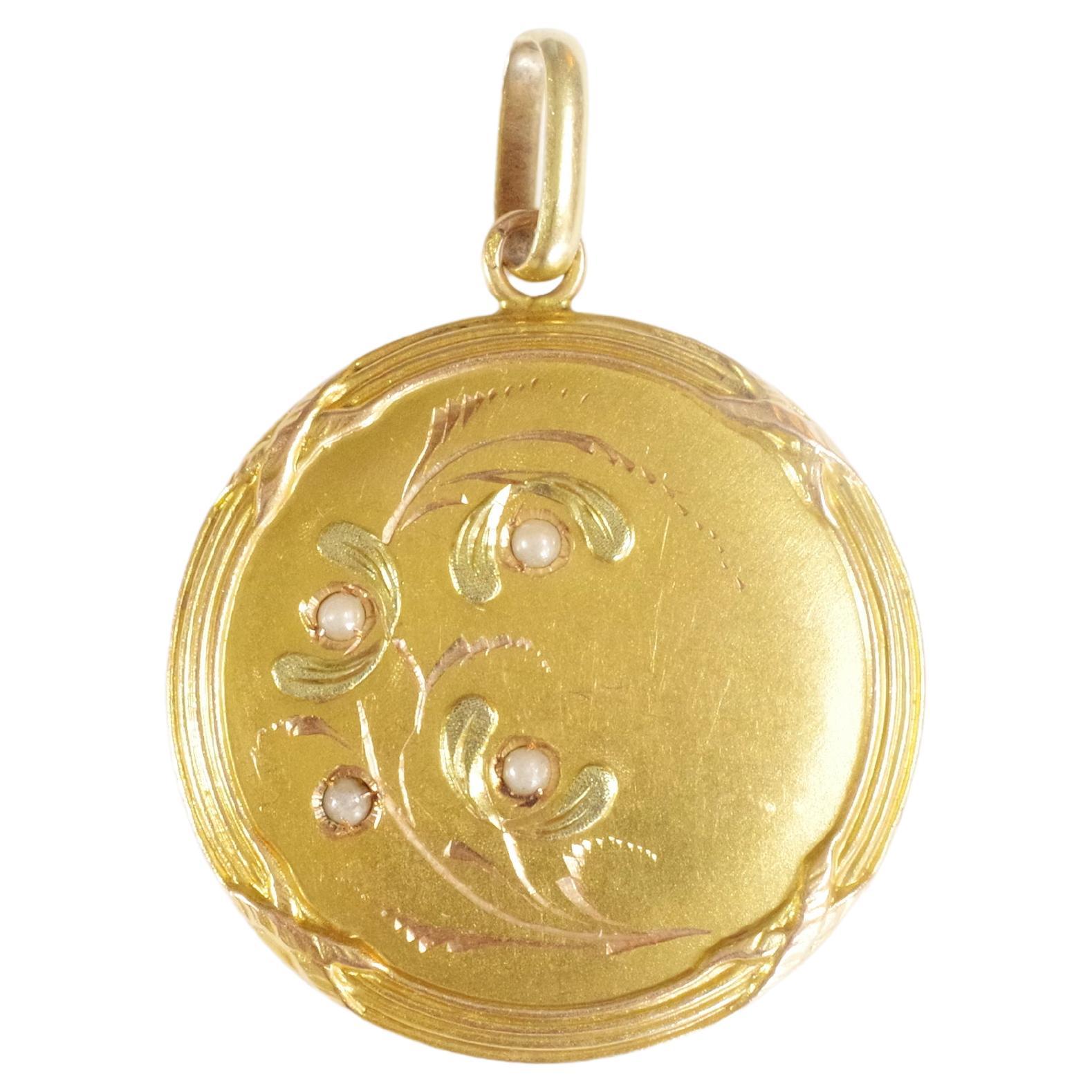 Edwardian Art Nouveau Mistletoe Pendant, Antique Circular Medallion Locket Gold