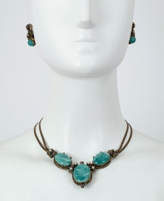 Edwardian Art Nouveau Reproduction Paste Jade Necklace and Earring Suite, 1910s