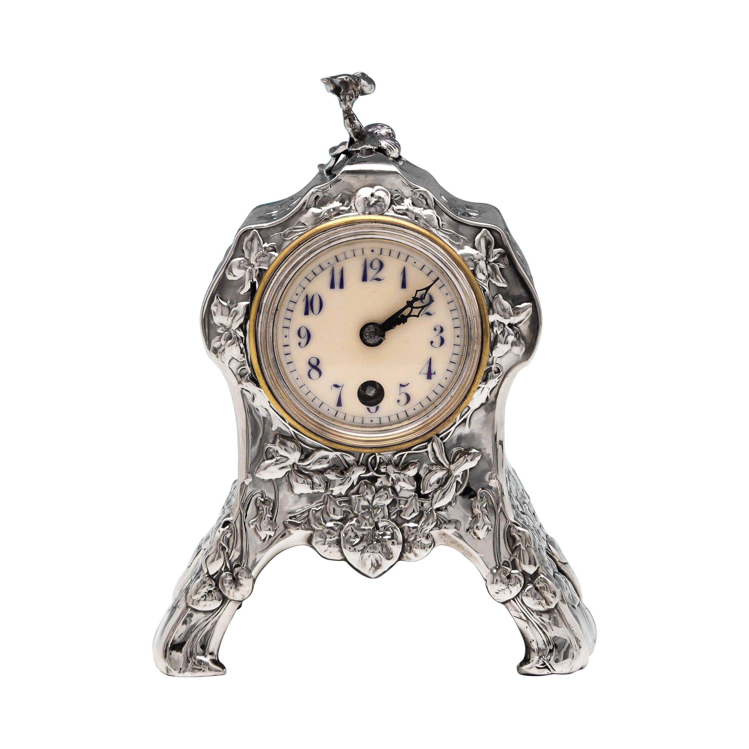 Edwardian Art Nouveau Sterling Silver Clock by William Comyns in 1903