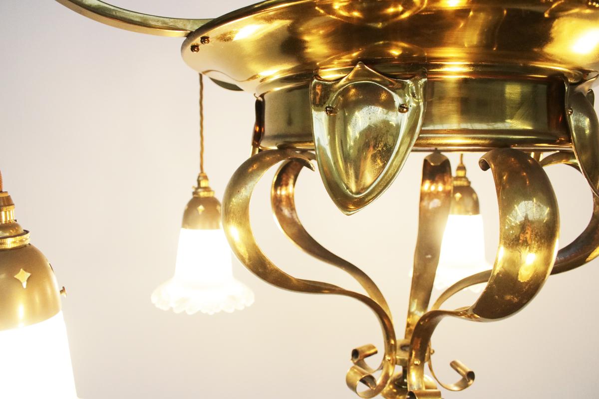 Edwardian Arts & Crafts Brass Five Branch Electrolier Ceiling Light 5