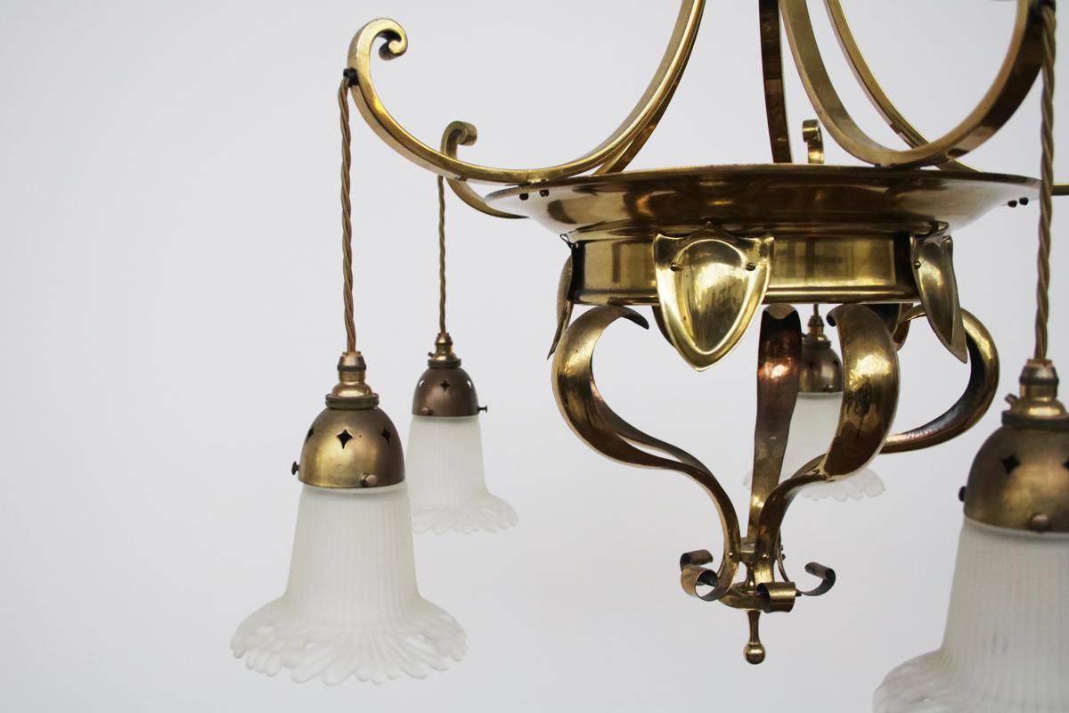 Edwardian Arts & Crafts Brass Five Branch Electrolier Ceiling Light 6
