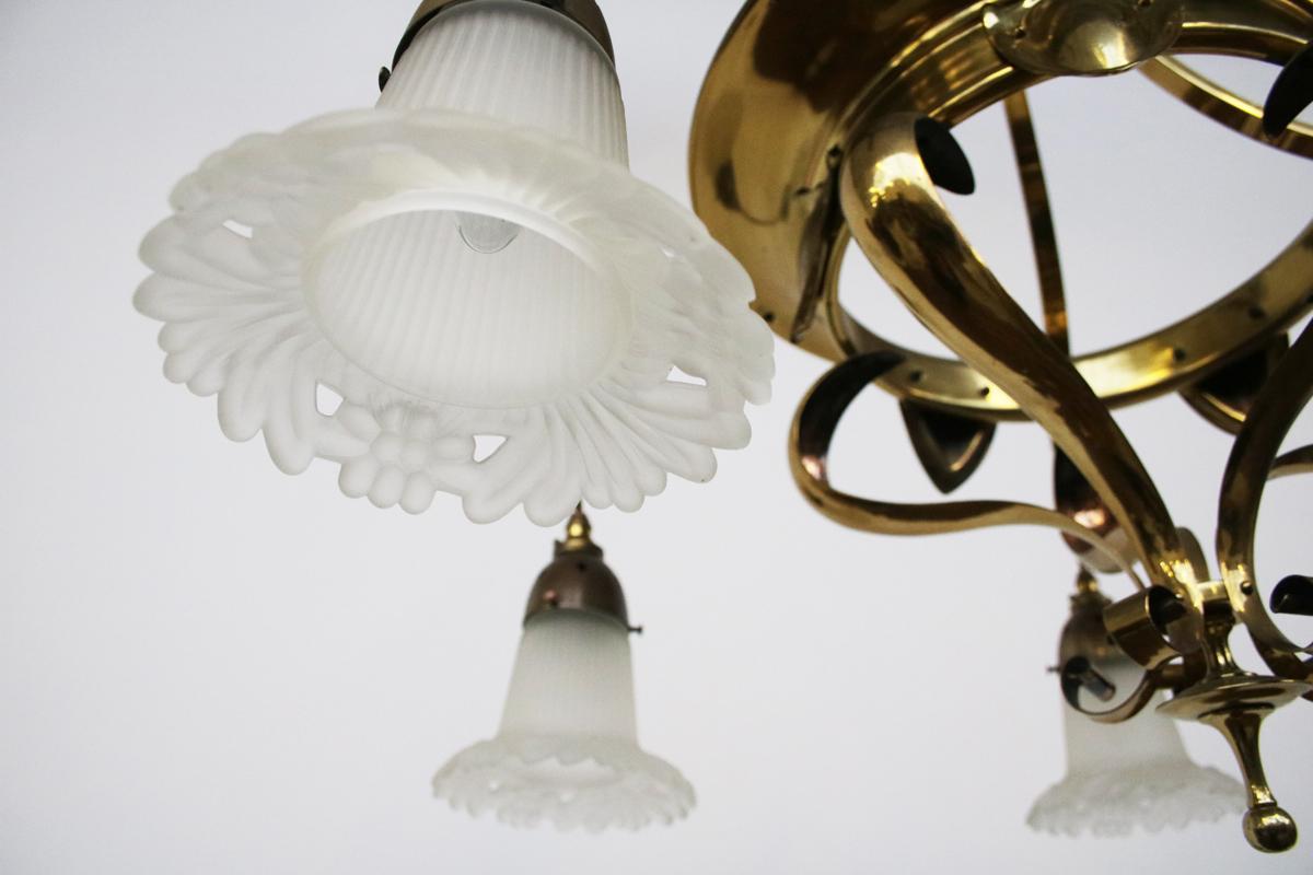 Edwardian Arts & Crafts Brass Five Branch Electrolier Ceiling Light 2