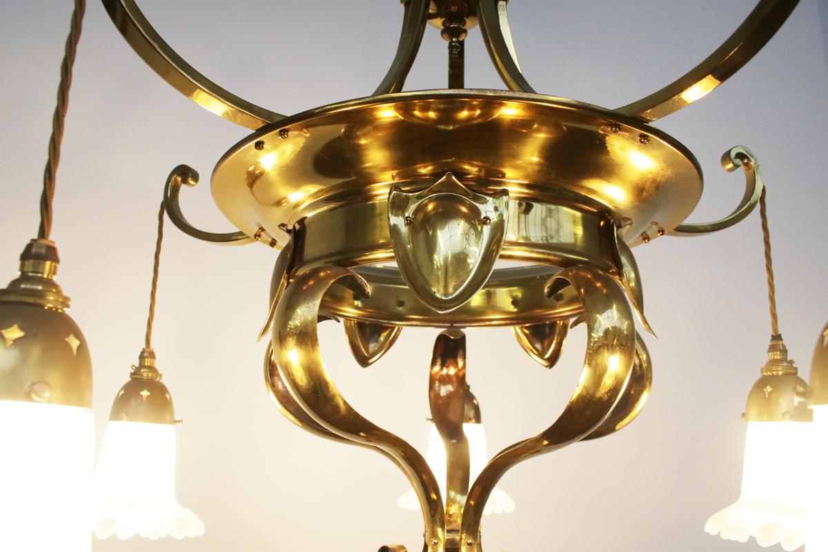 Edwardian Arts & Crafts Brass Five Branch Electrolier Ceiling Light 3