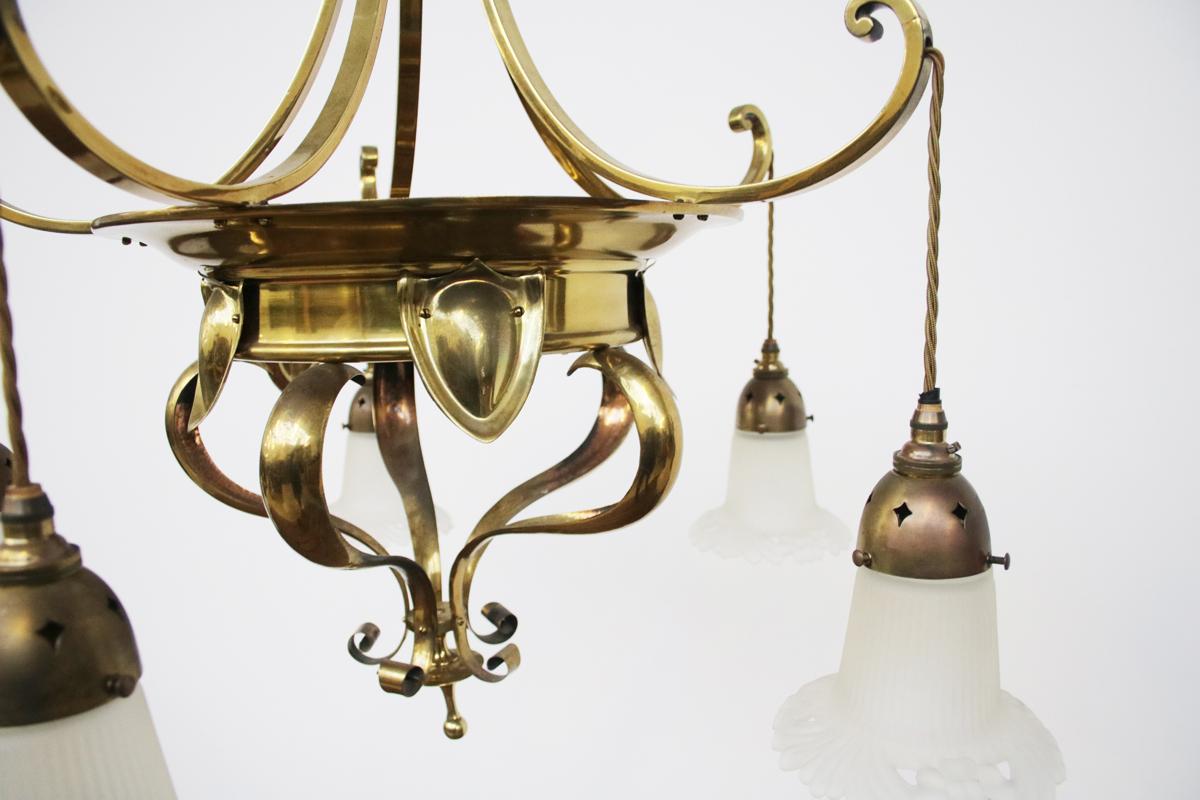 Edwardian Arts & Crafts Brass Five Branch Electrolier Ceiling Light 4
