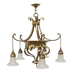 Edwardian Arts & Crafts Brass Five Branch Electrolier Ceiling Light