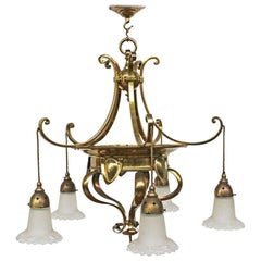 Antique Edwardian Arts & Crafts Brass Five Branch Electrolier Ceiling Light