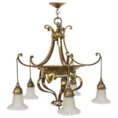 Edwardian Arts & Crafts Brass Five Branch Electrolier Ceiling Light