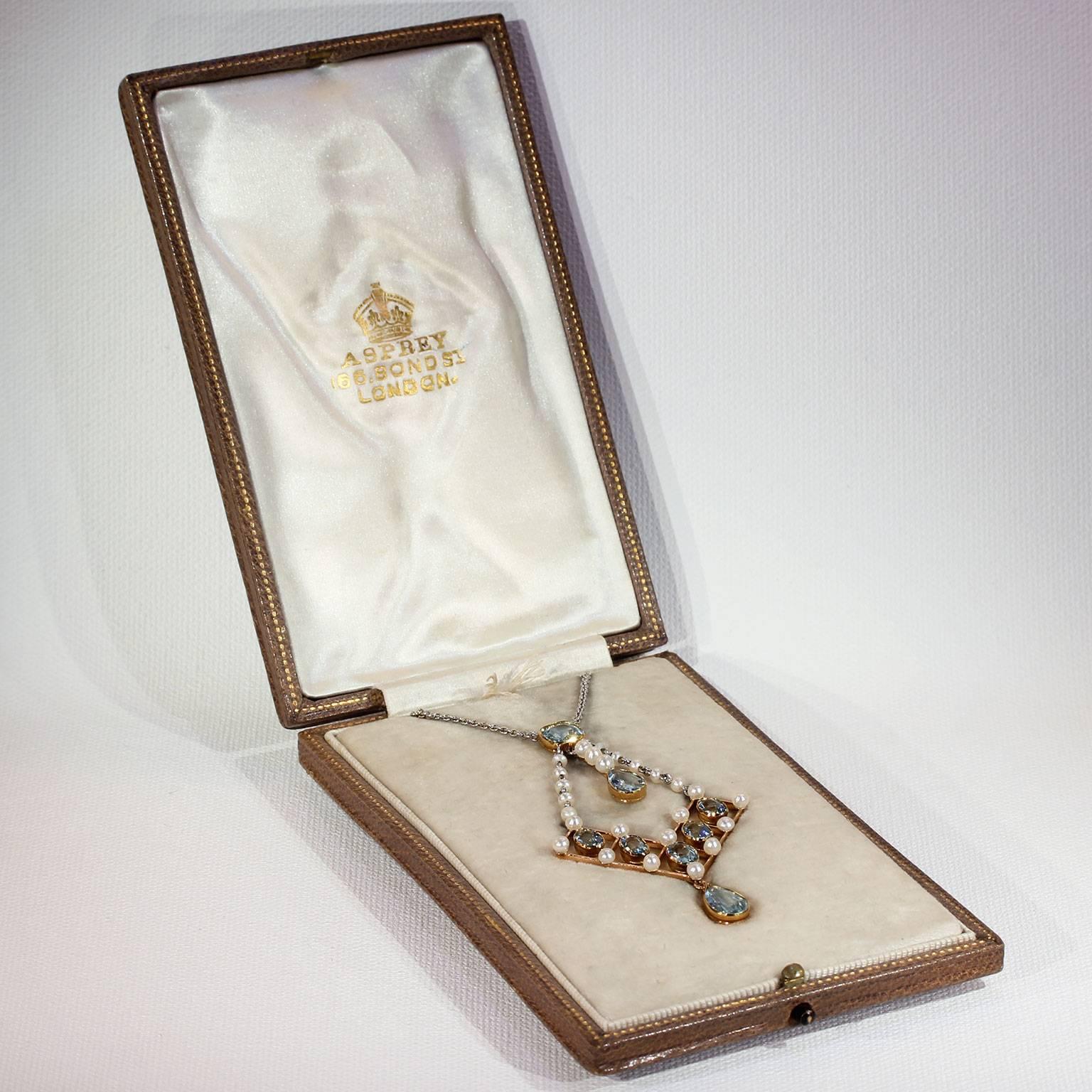 Edwardian Asprey Aquamarine Pearl Necklace Original Box For Sale 6