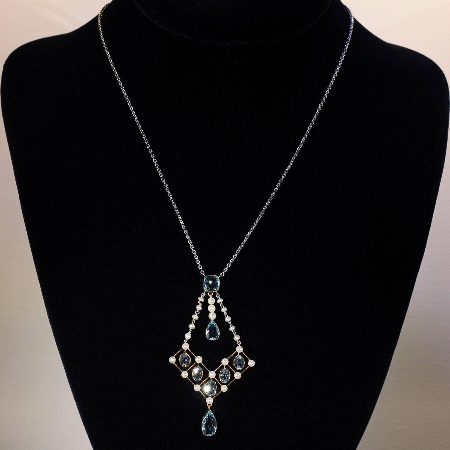 Edwardian Asprey Aquamarine Pearl Necklace Original Box For Sale 7