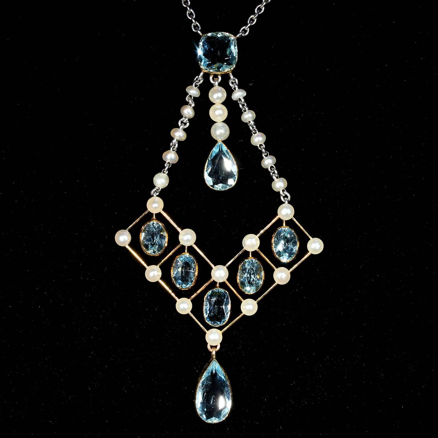 Pear Cut Edwardian Asprey Aquamarine Pearl Necklace Original Box For Sale