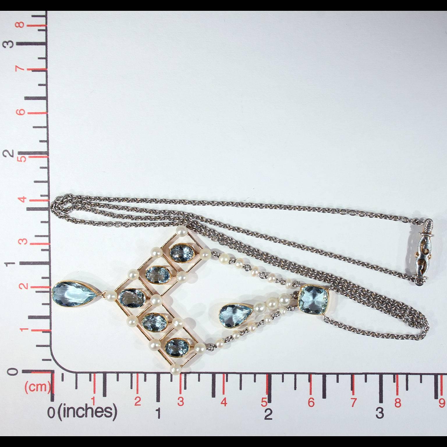 Edwardian Asprey Aquamarine Pearl Necklace Original Box For Sale 3