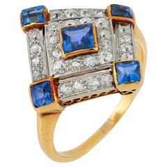 Edwardian Asscher cut sapphire diamond gold ring