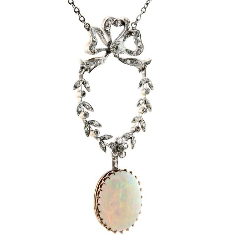 Cabochon Edwardian Australian Opal and Diamond Pendant Necklace in Platinum over Gold For Sale
