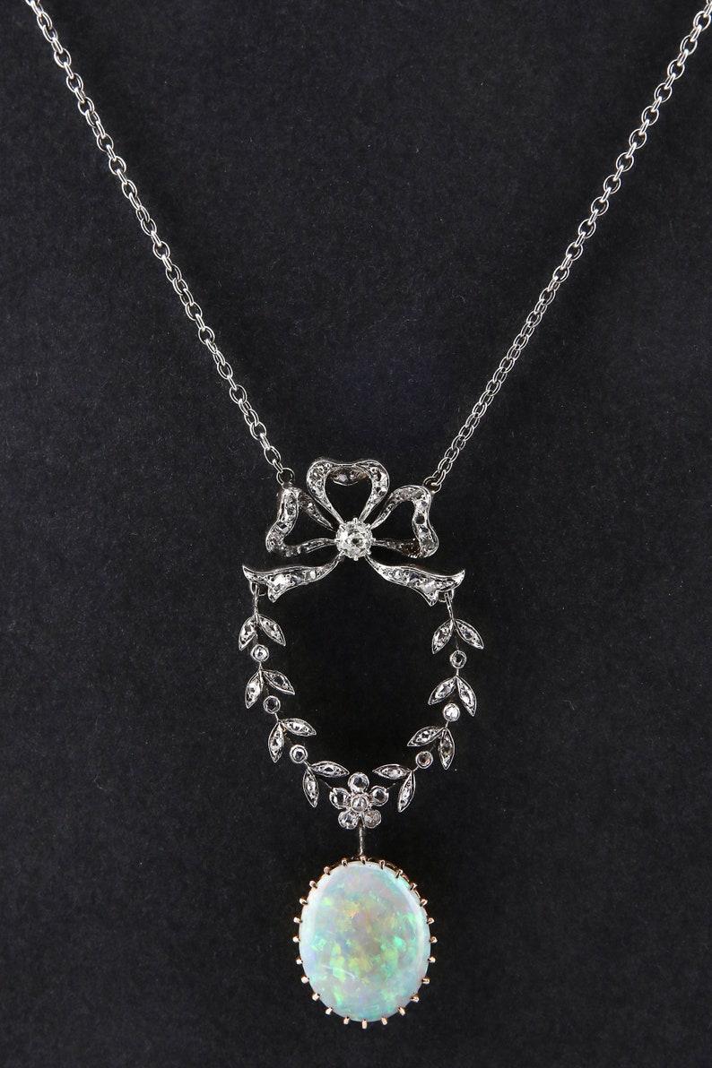 Women's Edwardian Australian Opal and Diamond Pendant Necklace in Platinum over Gold For Sale