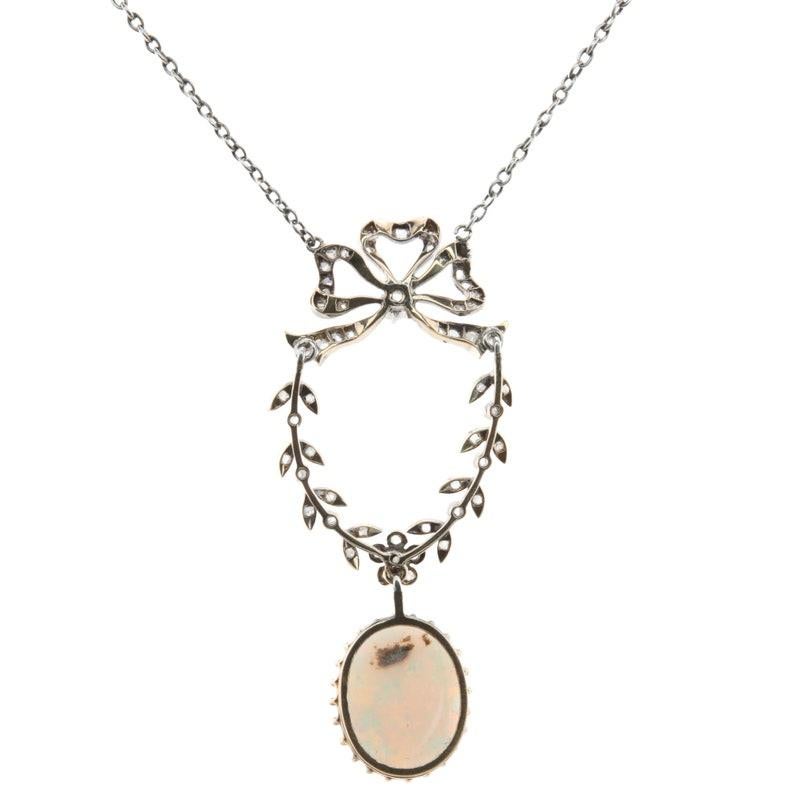 Edwardian Australian Opal and Diamond Pendant Necklace in Platinum over Gold For Sale 1