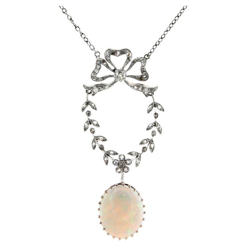 Edwardian Australian Opal and Diamond Pendant Necklace in Platinum over Gold