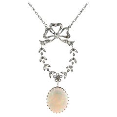 Antique Edwardian Australian Opal and Diamond Pendant Necklace in Platinum over Gold