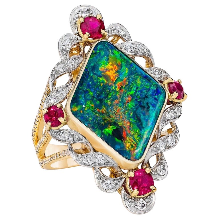 Edwardian Opal Diamond Ruby 18 Karat Custom Ring For Sale at