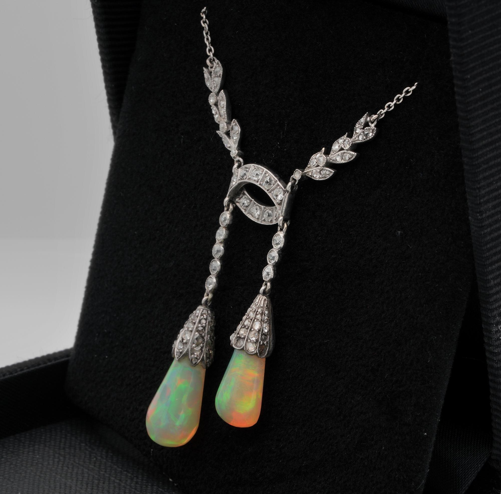 Edwardian Australian Opal Drop Diamond Platinum Negligee Necklace In Good Condition In Napoli, IT