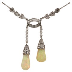 Edwardian Australian Opal Drop Diamond Platinum Negligee Necklace