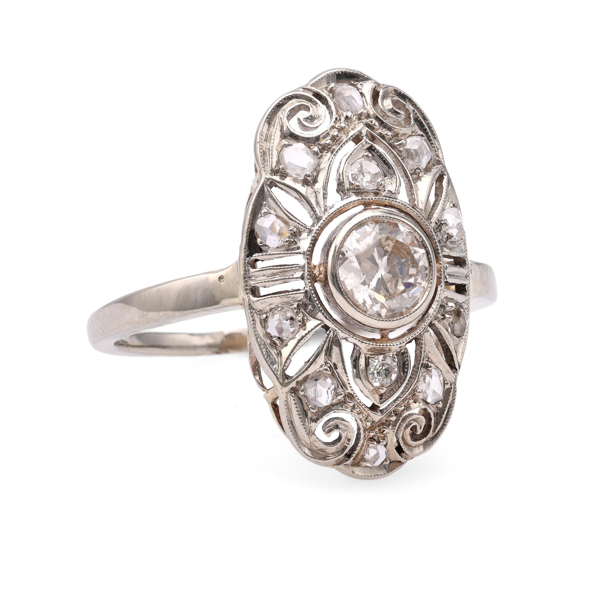 Edwardian Austrian Diamond 14k White Gold Navette Ring In Good Condition For Sale In Beverly Hills, CA