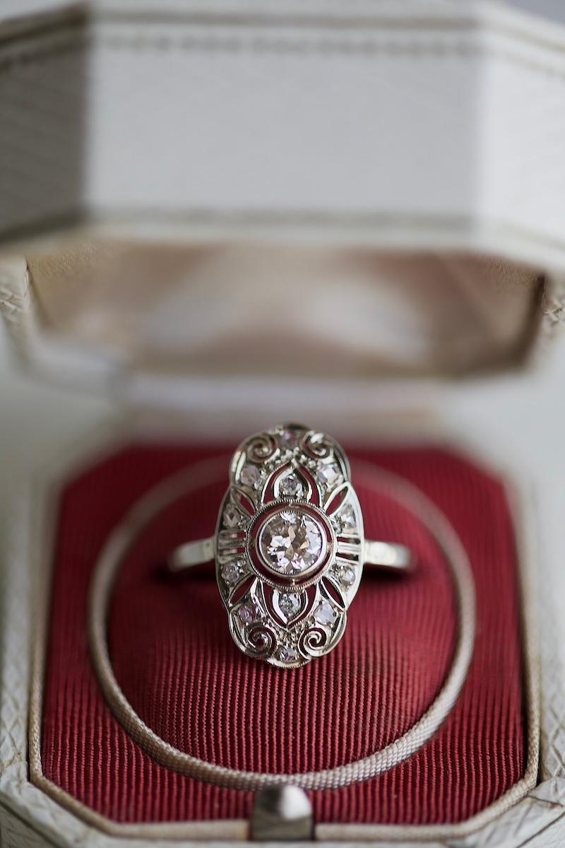 Women's or Men's Edwardian Austrian Diamond 14k White Gold Navette Ring For Sale