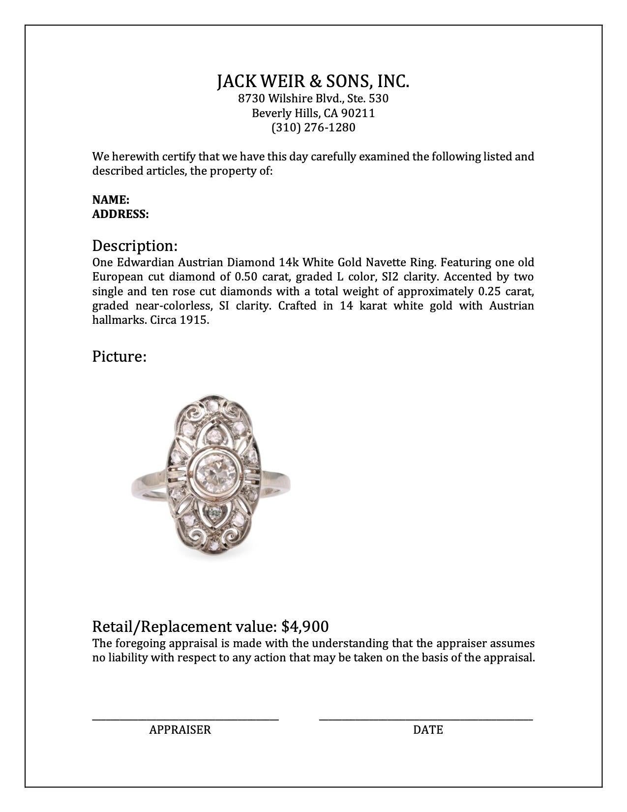 Edwardian Austrian Diamond 14k White Gold Navette Ring For Sale 1