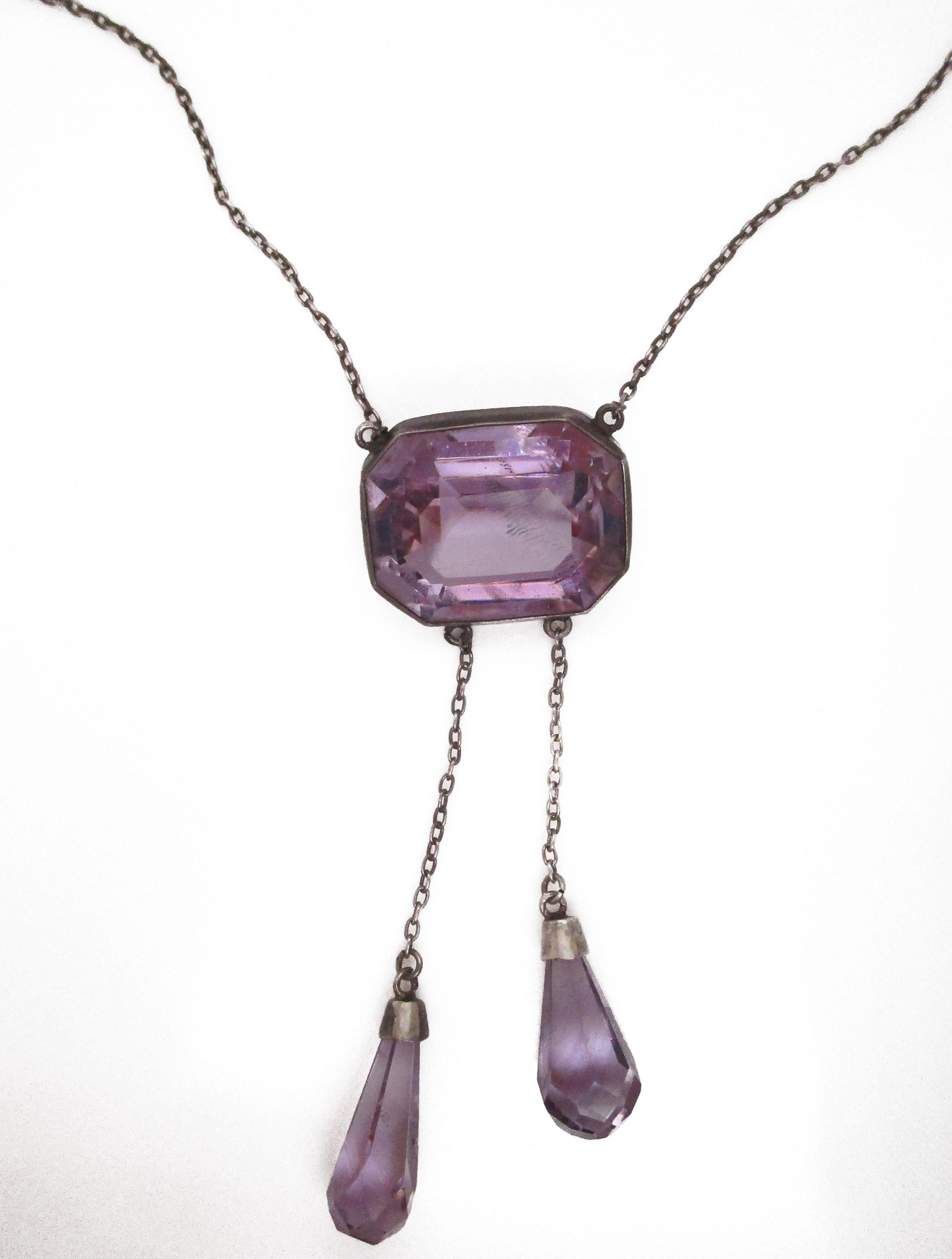 Briolette Cut Edwardian Austrian Sterling Silver and Amethyst Negligee Necklace with Briolette