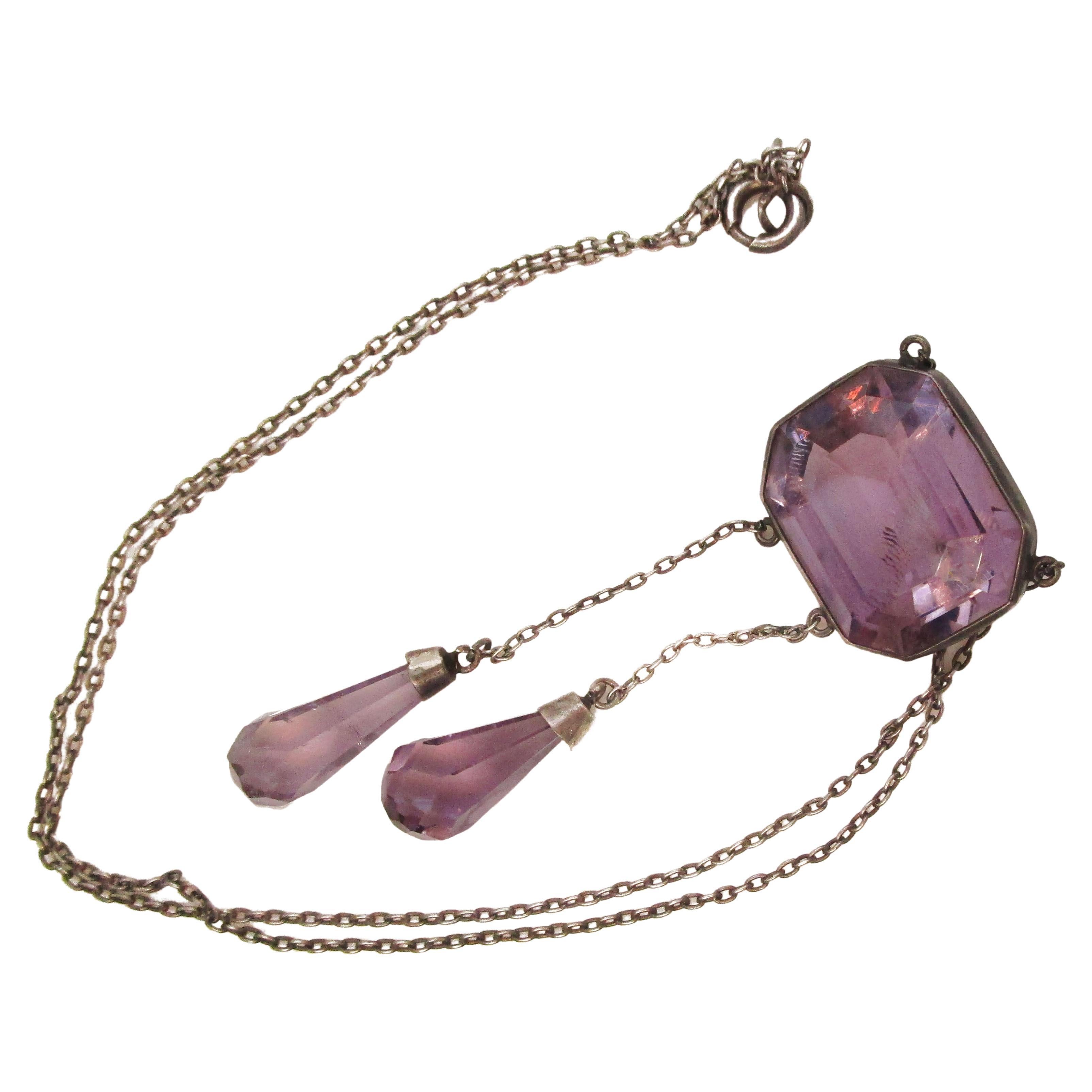 Edwardian Austrian Sterling Silver and Amethyst Negligee Necklace with Briolette