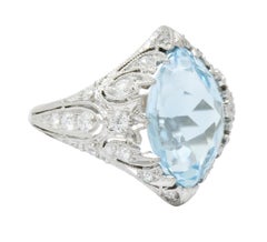 Edwardian Bailey Banks and Biddle Aquamarine Diamond Platinum Navette Ring