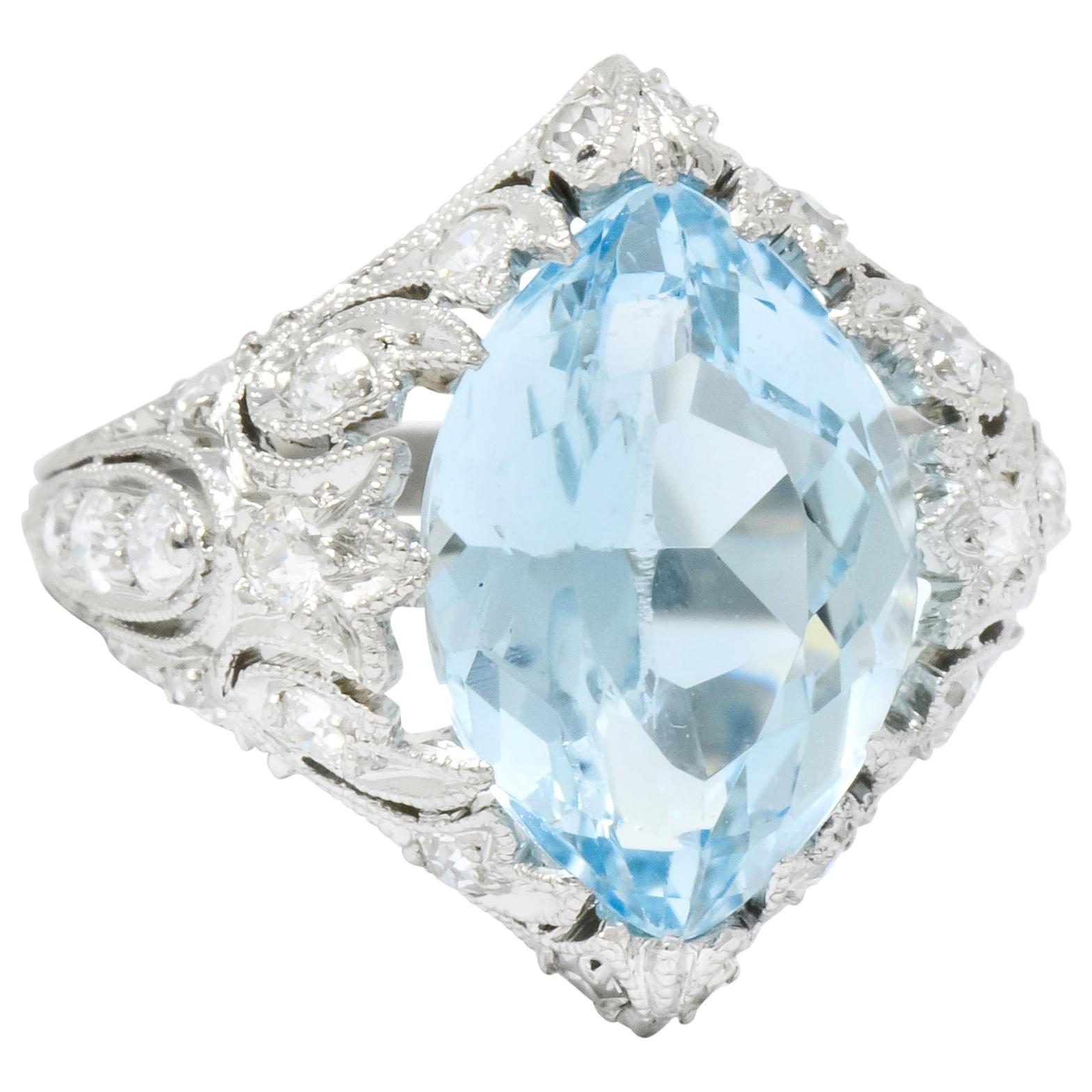 Edwardian Bailey Banks and Biddle Aquamarine Diamond Platinum Navette Ring