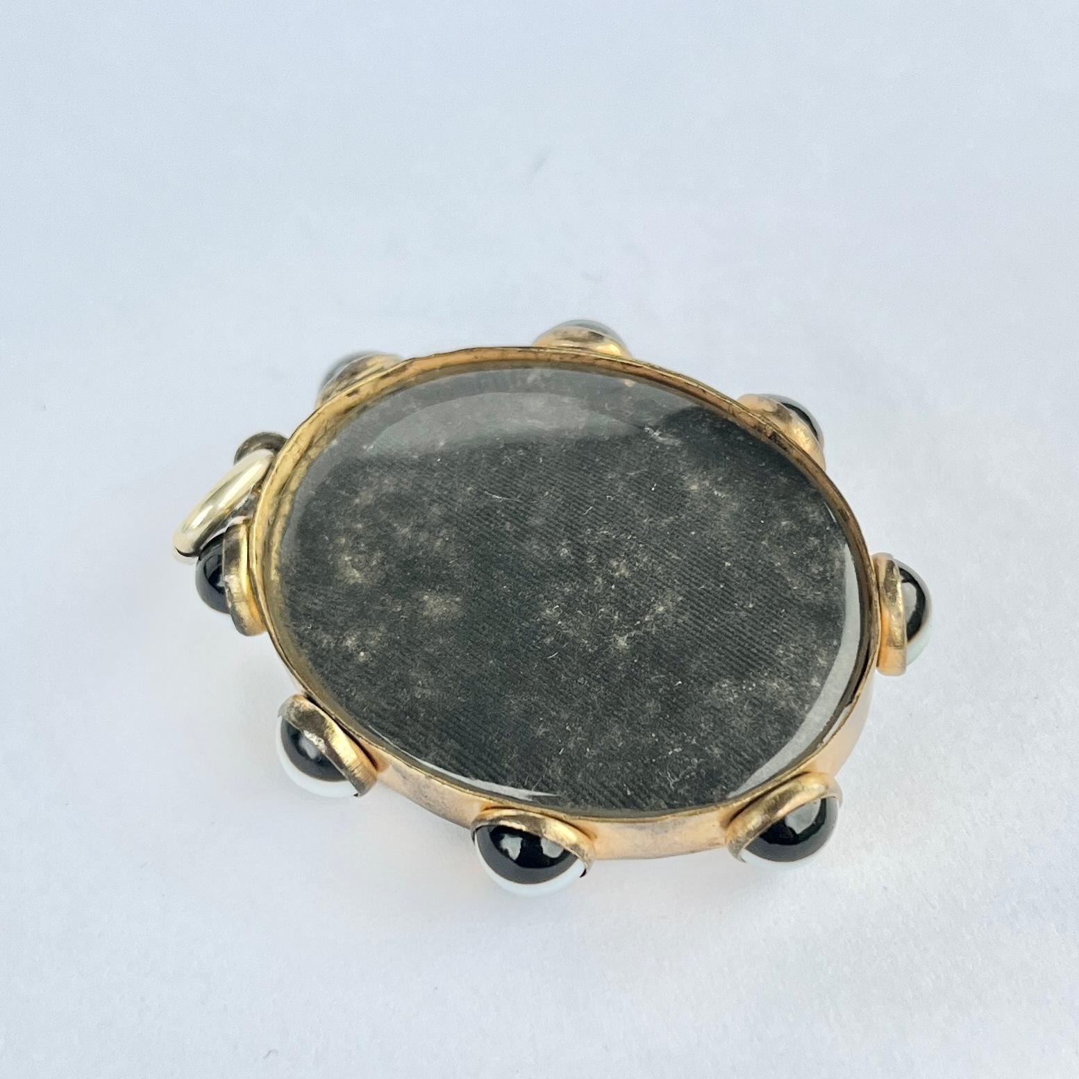 Cabochon Edwardian Banded Agate and Gilt Locket Back Pendant For Sale
