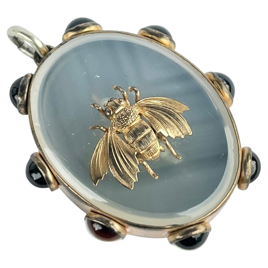 Edwardian Banded Agate and Gilt Locket Back Pendant For Sale
