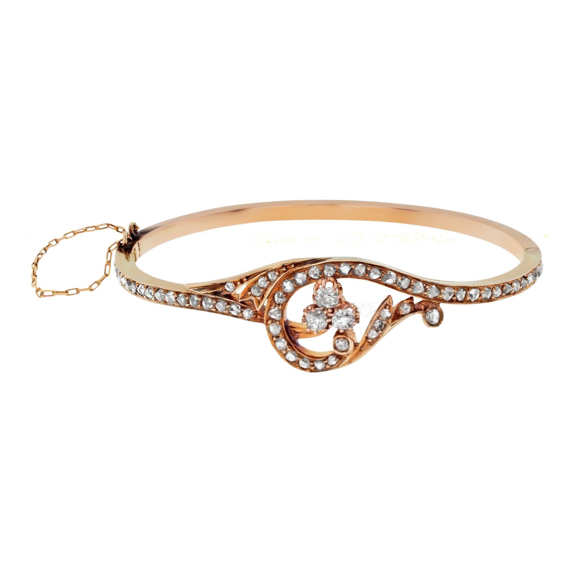 Edwardian bangle with rose cut diamonds set in rose gold. For Sale