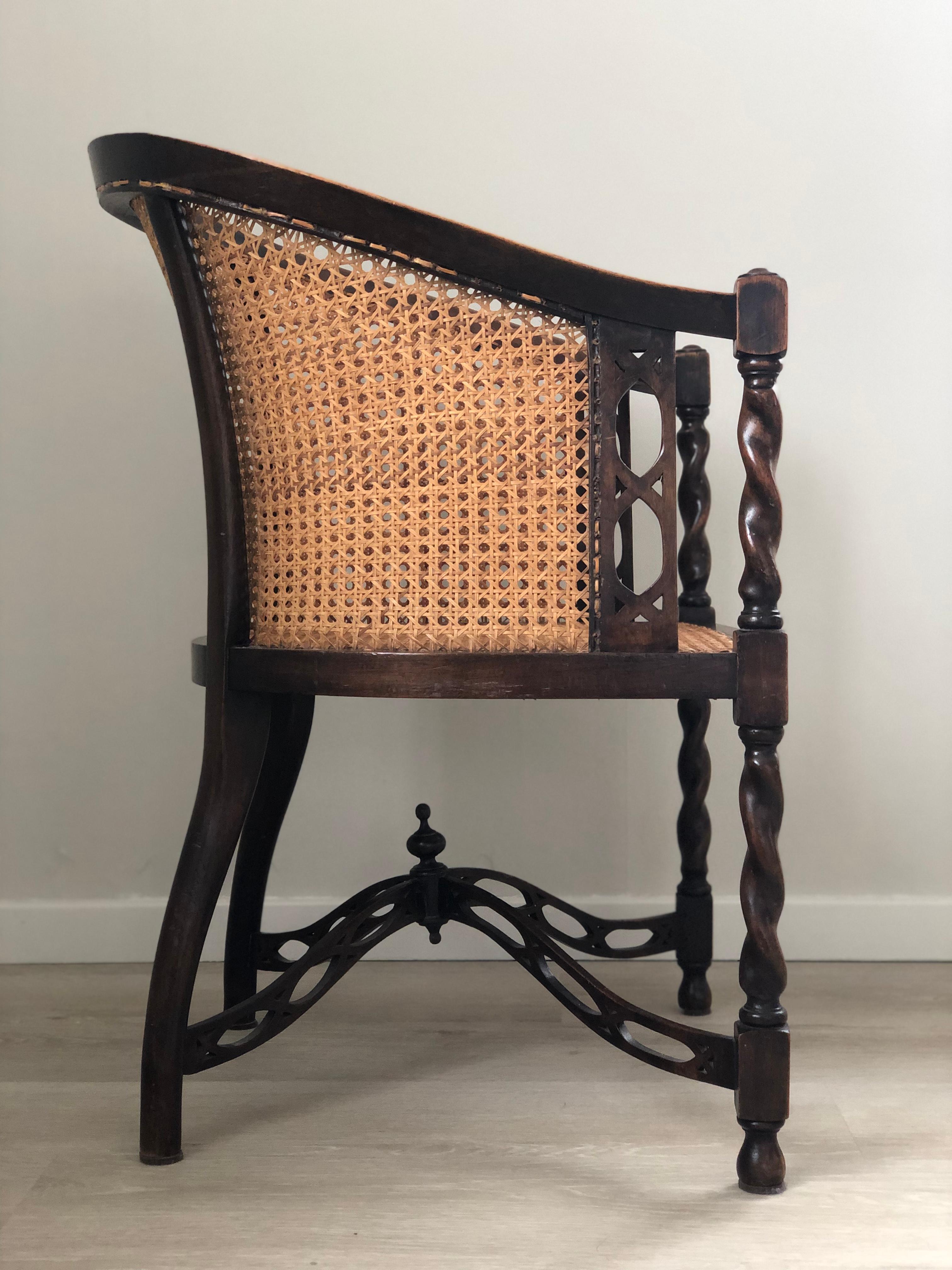 British Edwardian Barley Twist Arm chair With Cane Early 20th Century