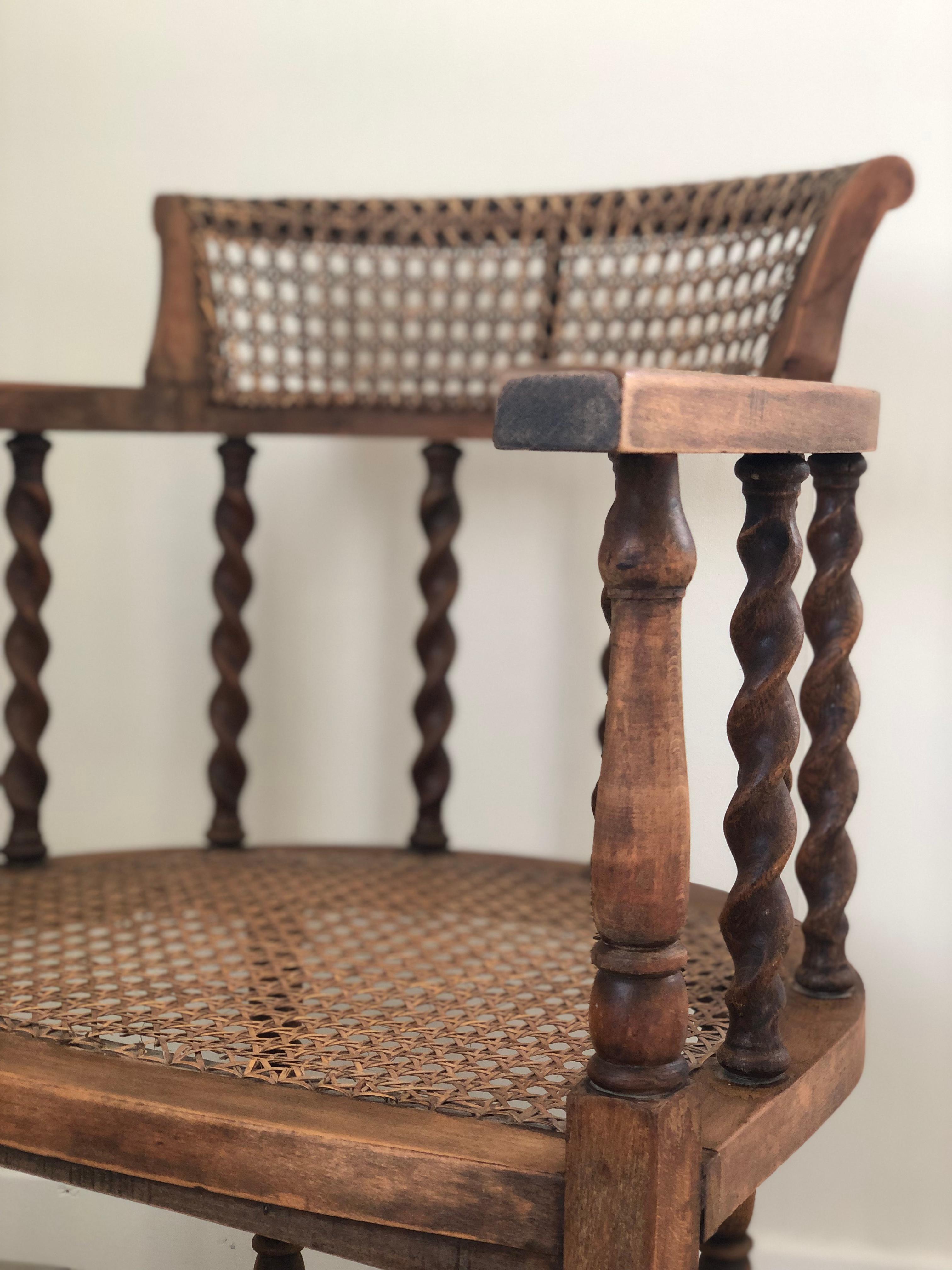 British Edwardian Barley Twist Arm chair With Cane Early 20th Century