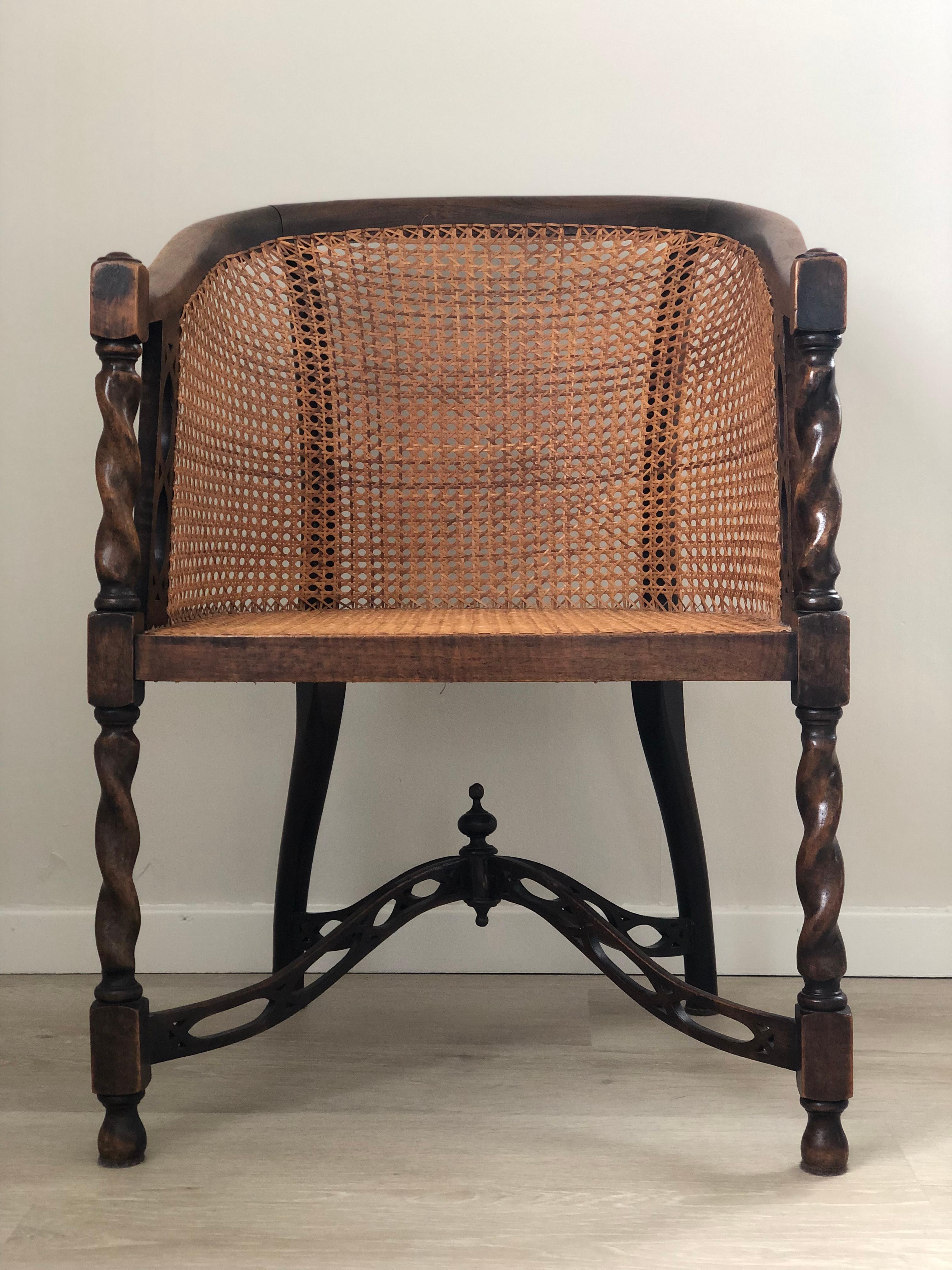 Edwardian Barley Twist Arm chair With Cane Early 20th Century In Good Condition For Sale In Bjuråker, SE