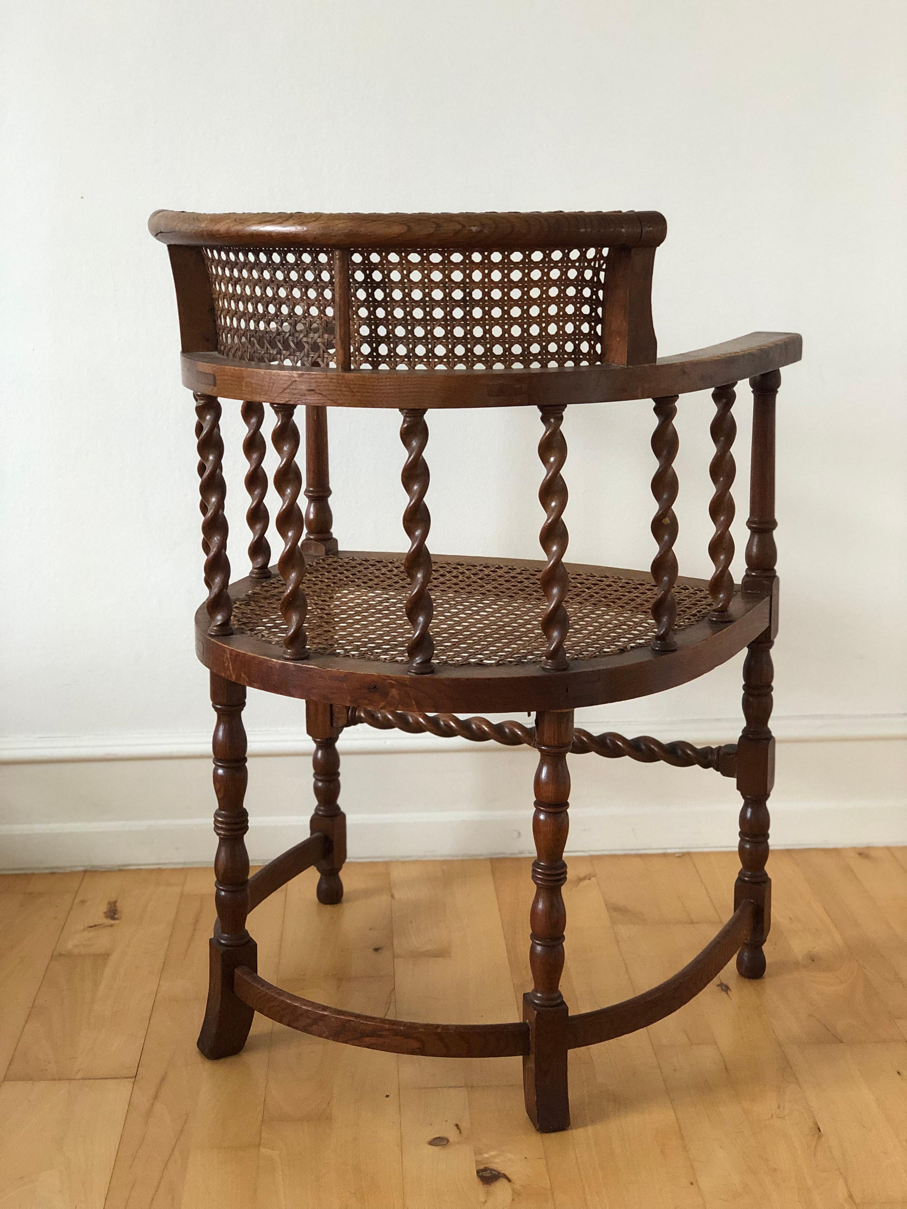 Hand-Carved Edwardian Barley Twist Armchair with Cane Early 20th Century United Kingdom