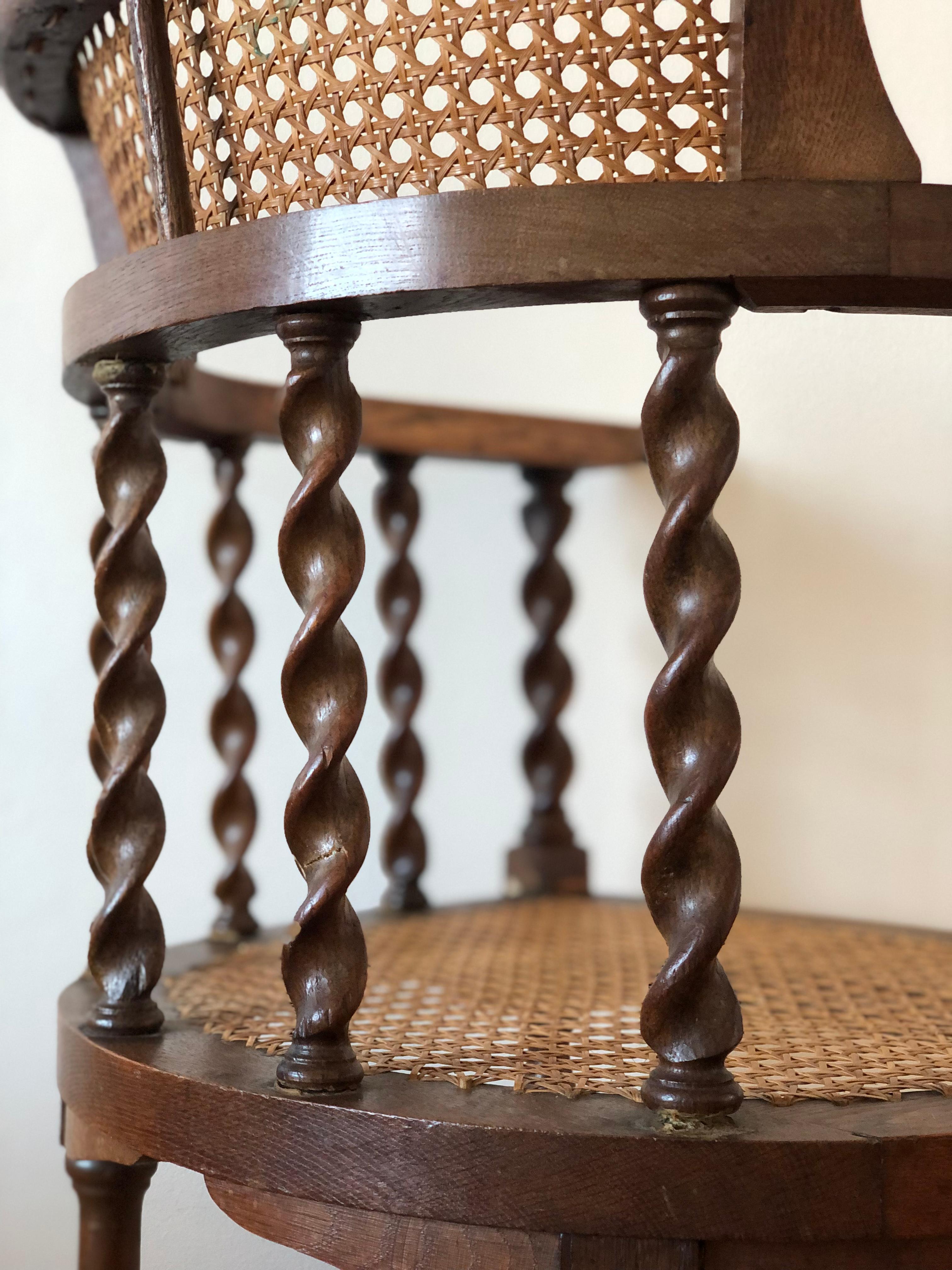 Hand-Carved Edwardian Barley Twist Armchair with Cane Early 20th Century United Kingdom