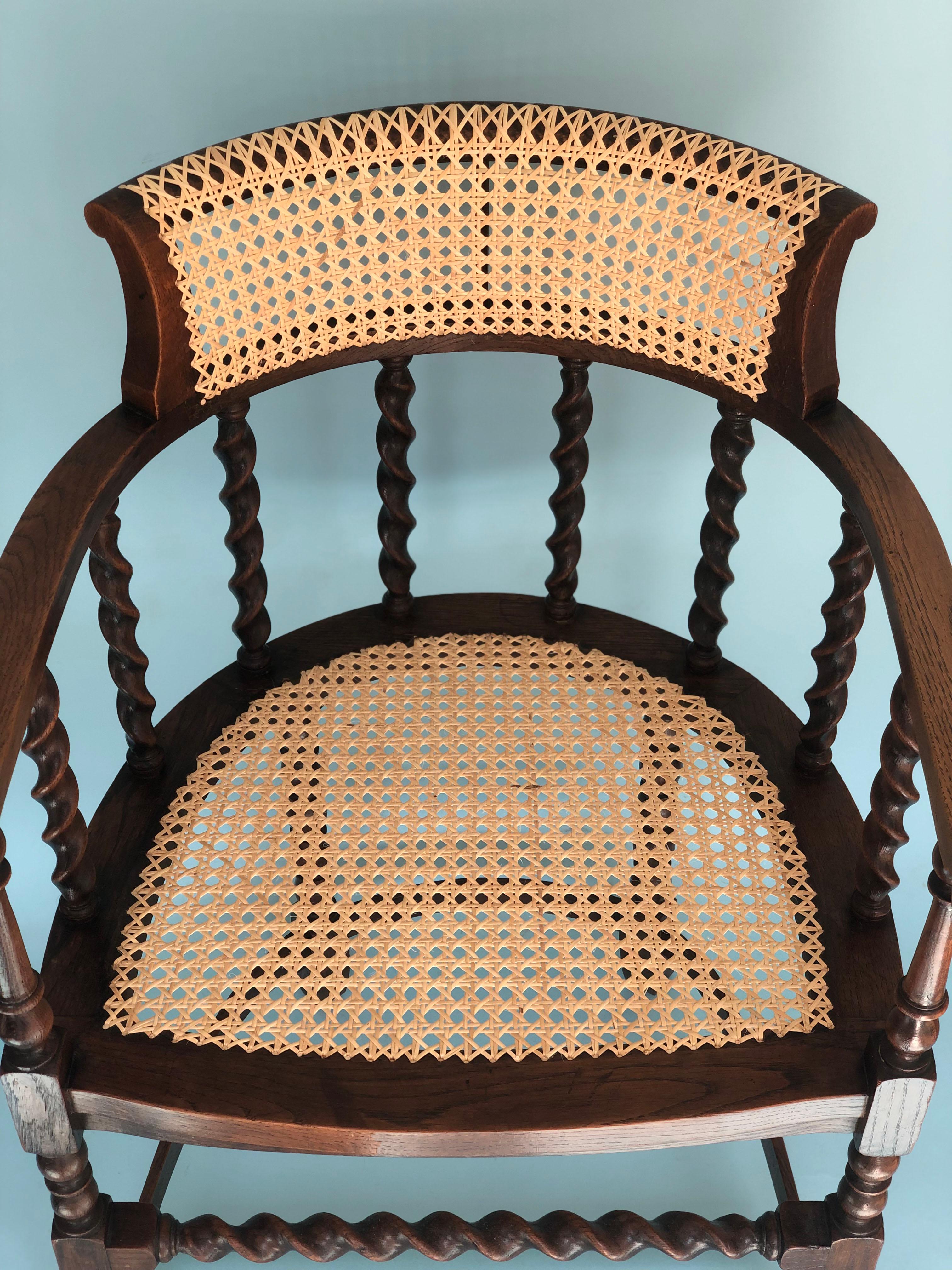 British Edwardian Barley Twist Corner Chair with Cane Late 19th Century