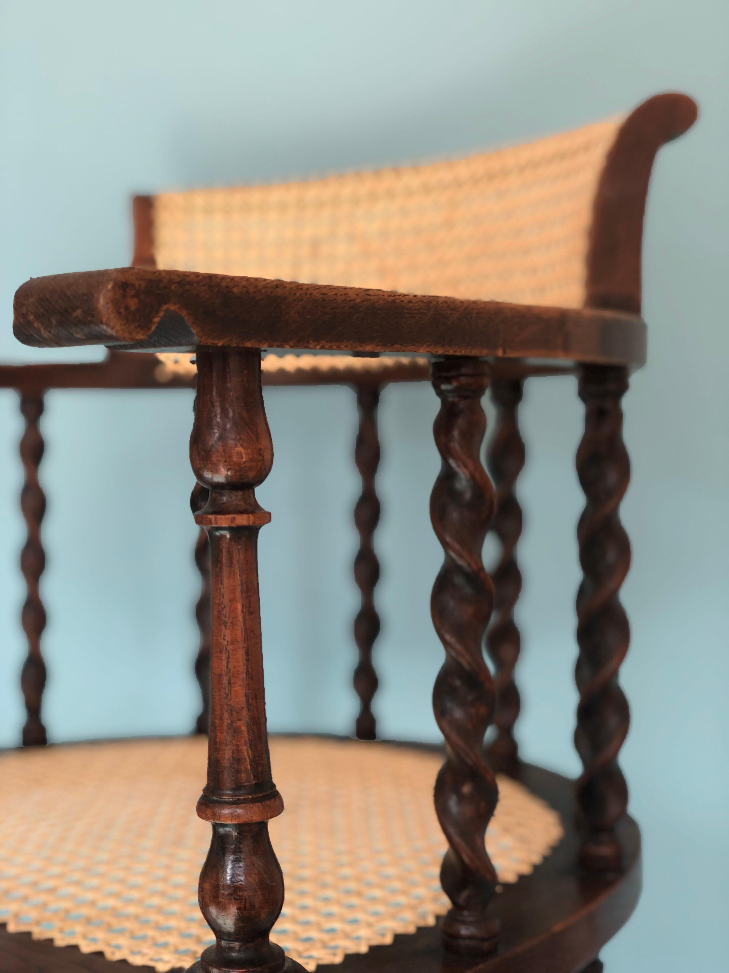 Caning Edwardian Barley Twist Corner Chair with Cane Late 19th Century