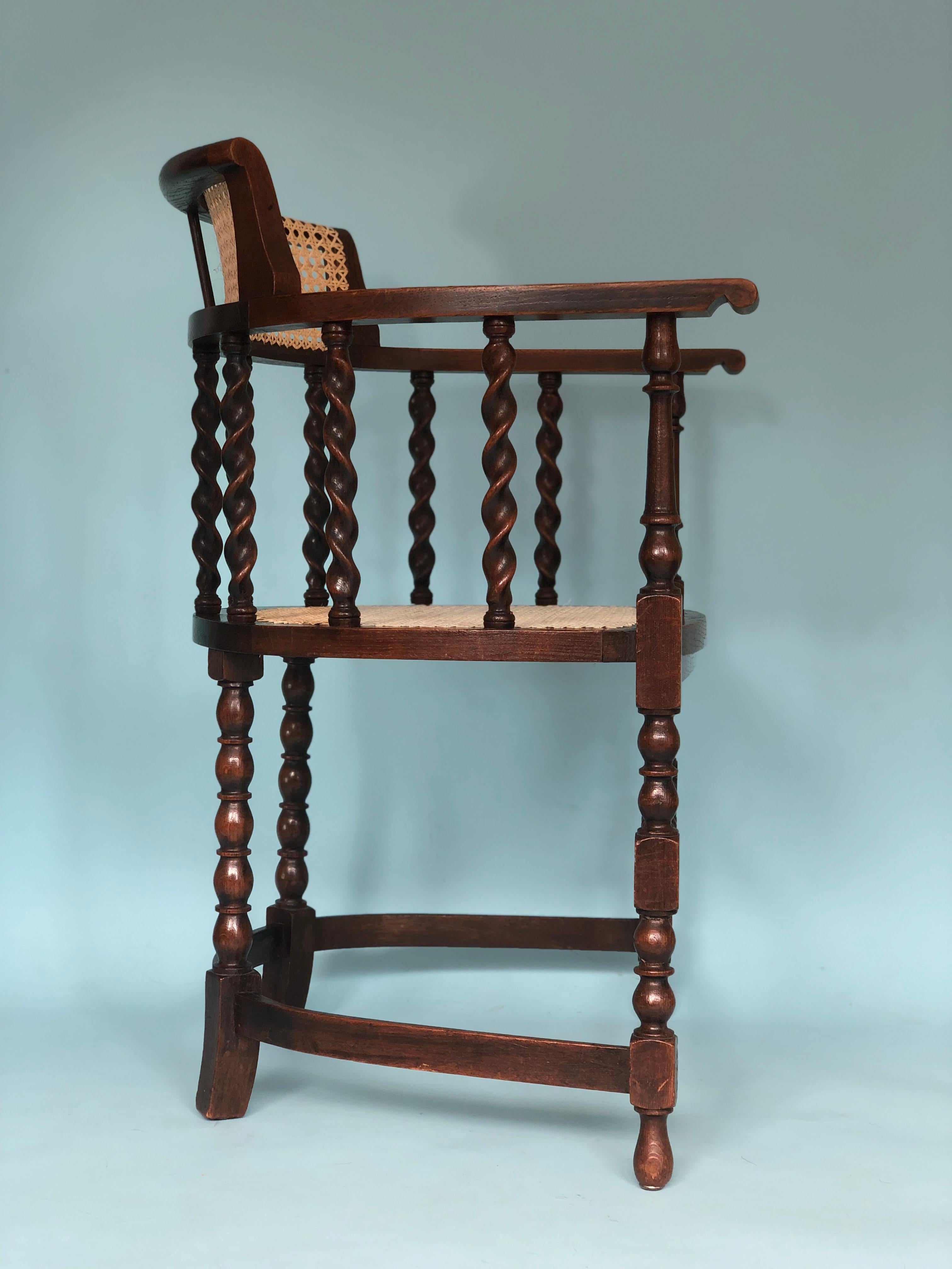 Edwardian Barley Twist Corner Chair with Cane Late 19th Century In Good Condition In Bjuråker, SE